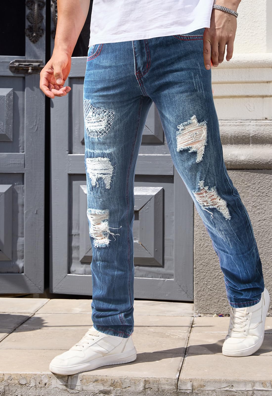 Gulots Men's Ripped Jeans Classic Comfort Regular Fit Basic Denim Pants for Men Casual Slim Fit Skinny Jean with Pockets 30 Ripped Blue