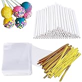 300 PCS Cake Pop Sticks and Wrappers Kit, Including 100ct 6-inch Paper Lollipop Sticks, 100ct Clear Candy Treat Bags Parcel, 