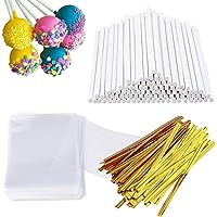 300 PCS Cake Pop Sticks and Wrappers Kit, Including 100ct 6-inch Paper Lollipop Sticks, 100ct Clear Candy Treat Bags Parcel, 