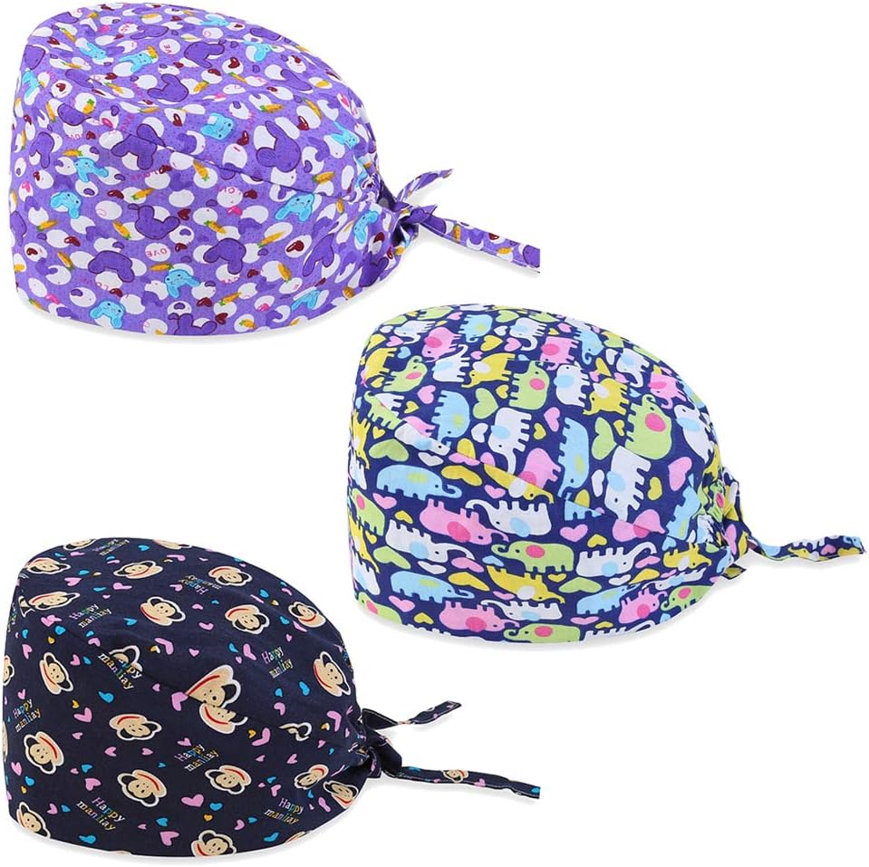 Rong Scrub Cap Surgical Bouffant Paytail Scrub Hat Adjustable Turban Cap with Sweatband and Cotton Mask for Women Men