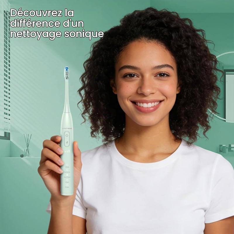 Brosse à dents sonique pour adultes, brosse à dents électrique rechargeable avec 5 modes de nettoyage, 3 niveaux d'intensité, capteur de pression intelligent (Vert)