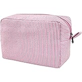 GFU Cosmetic Bag for Women, Large Makeup Bag, Travel Toiletry Stripe Cosmetic Bag, Seersucker Women Aesthetic Organizer Storage Pouch, Girls Handbags Purses (Pink)