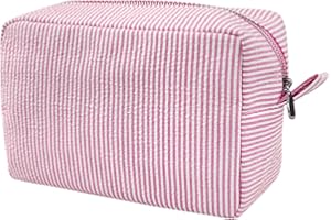 GFU Cosmetic Bag for Women, Large Makeup Bag, Travel Toiletry Stripe Cosmetic Bag, Seersucker Women Aesthetic Organizer Storage Pouch, Girls Handbags Purses (Pink)