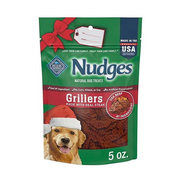 BLUE BUFFALO NUDGES STEAK GRILLERS, NATURAL HOLIDAY DOG TREATS, MADE IN THE USA WITH REAL BEEF, 5-OZ. BAG