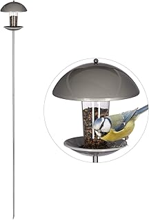 Relaxdays Vogelfutterspender, Futterhäuschen für Vögel, Aufhängen o. Stecken, Garten & Balkon, mit Stab H: 172cm, silber
