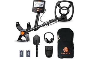 SUNPOW Metal Detector for Adults Professional - High Accuracy with 12" Waterproof Coil, 2x Backlit LCD Display, Advanced DSP Chip, 5 Modes, Adjustable Length (19"-59"), Sturdy Spiral Structure -OTMD14
