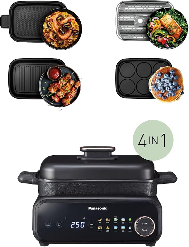 NF-GM400 Multi-Cooker Elettrico 4 in 1, Griglia elettrica, Friggere, Cottura Lenta, BBQ, Vapore, Saltare, 1400W, 40-250°C, 9 Modalità Automatiche, Piastre lavabili in lavastoviglie