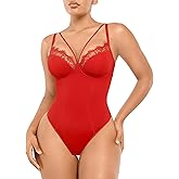 SHAPELLX Women's Shapewear Lace Bodysuit Tummy Control Body Suits Waist Sculpting V Neck Thong Corset Tops