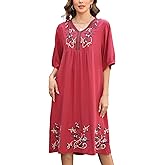 AK Women's Mexican Embroidered Midi Dress Summer Boho Traditional Floral V Neck Short Sleeve Casual Dresses