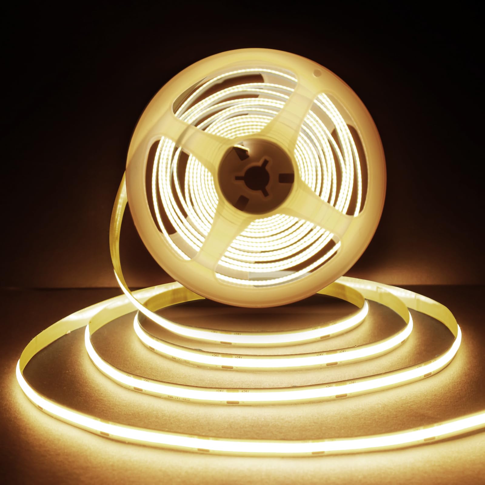 JASKFG COB Led Strip, 5M 3000K Warm White LED Strip Lights DC24V,480LEDs/M, CRI 90+, Easy DIY Home Decor Installation, Home DIY Lighting [Energy Class A] (Warm White, 5M COB 24V)