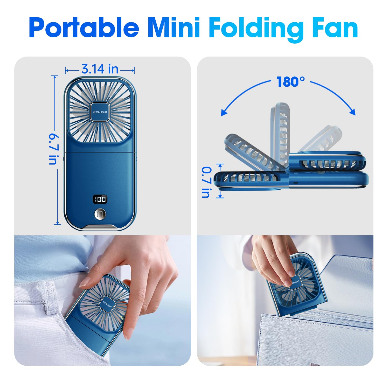 USB Rechargeable Upgraded 5-in-1 Portable Handheld Fan, Necklace Fan, Mini Desk Fan, Foldable Phone Stand, 4 Speeds Airflow, Quiet Personal Fans with LED Digital Screen (Blue)