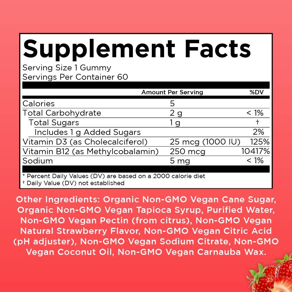 Vegan Vitamin D3+B12 Gummy (Plant-Based Gummies) by MaryRuth\'s - Made w/Organic Ingredients Non-GMO Vegan Paleo Gluten Free for Men, Women & Kids 1000 IU Vitamin D3 & 250 mcg Vitamin B12 60 Count