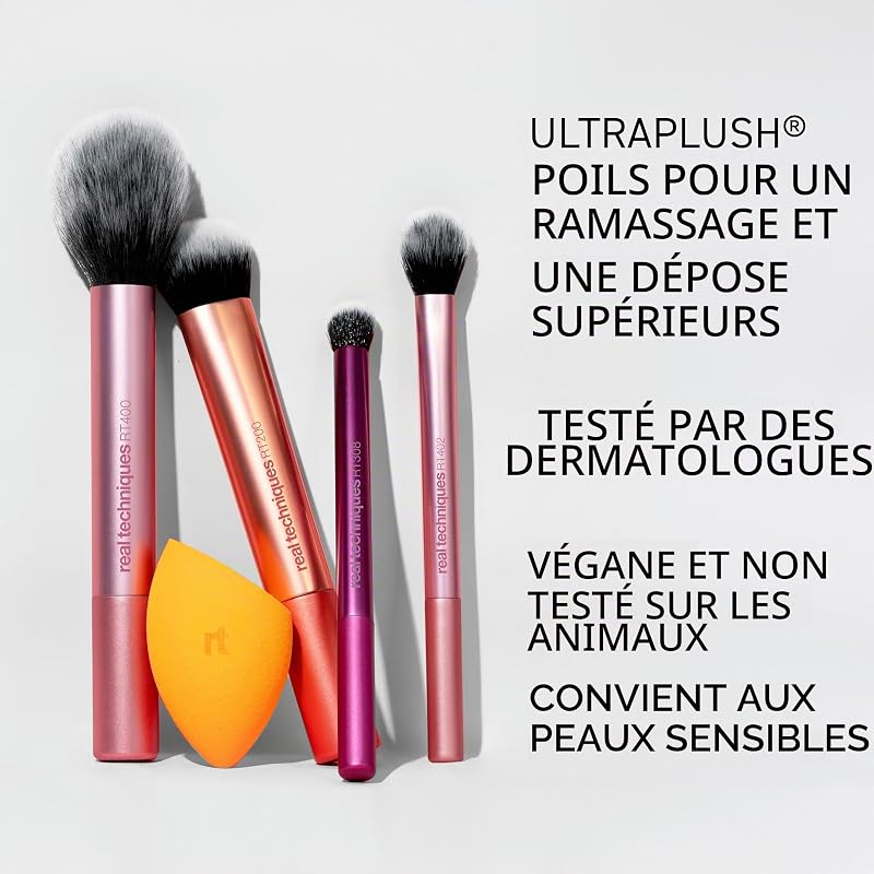 Ensemble de 5 pièces Everyday Essentials +, pinceaux à maquillage et éponge à maquillage, pour fond de teint, fard à joues, poudre bronzante, sans cruauté envers les animaux