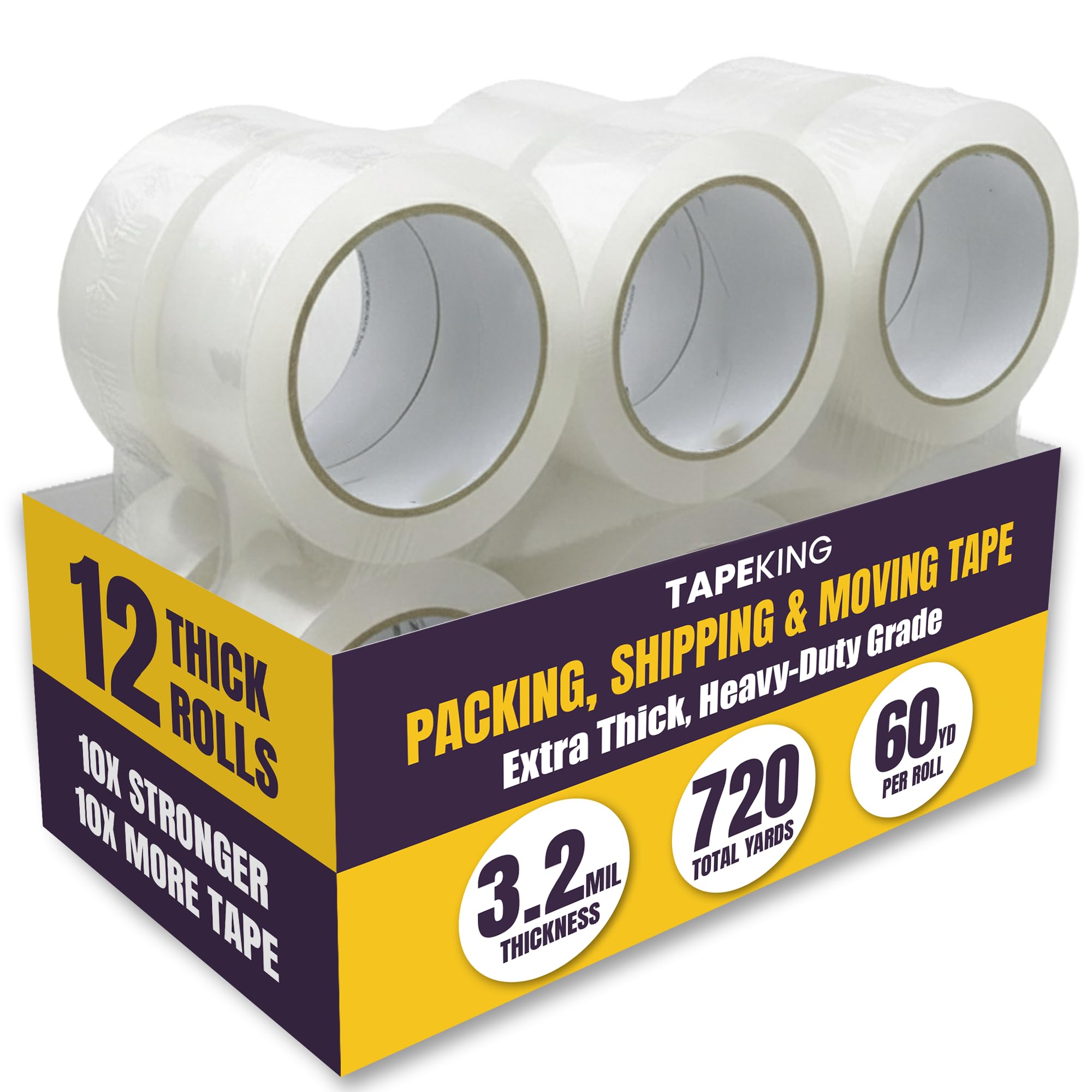 Tape King Super Thick 3.2mil Clear Packing Tape (12 Refill Rolls) - Heavy Duty Adhesive 60 Yards Per Roll, Carton, Industrial, Commercial, Moving, Box & Packing Sealing (TK-053)