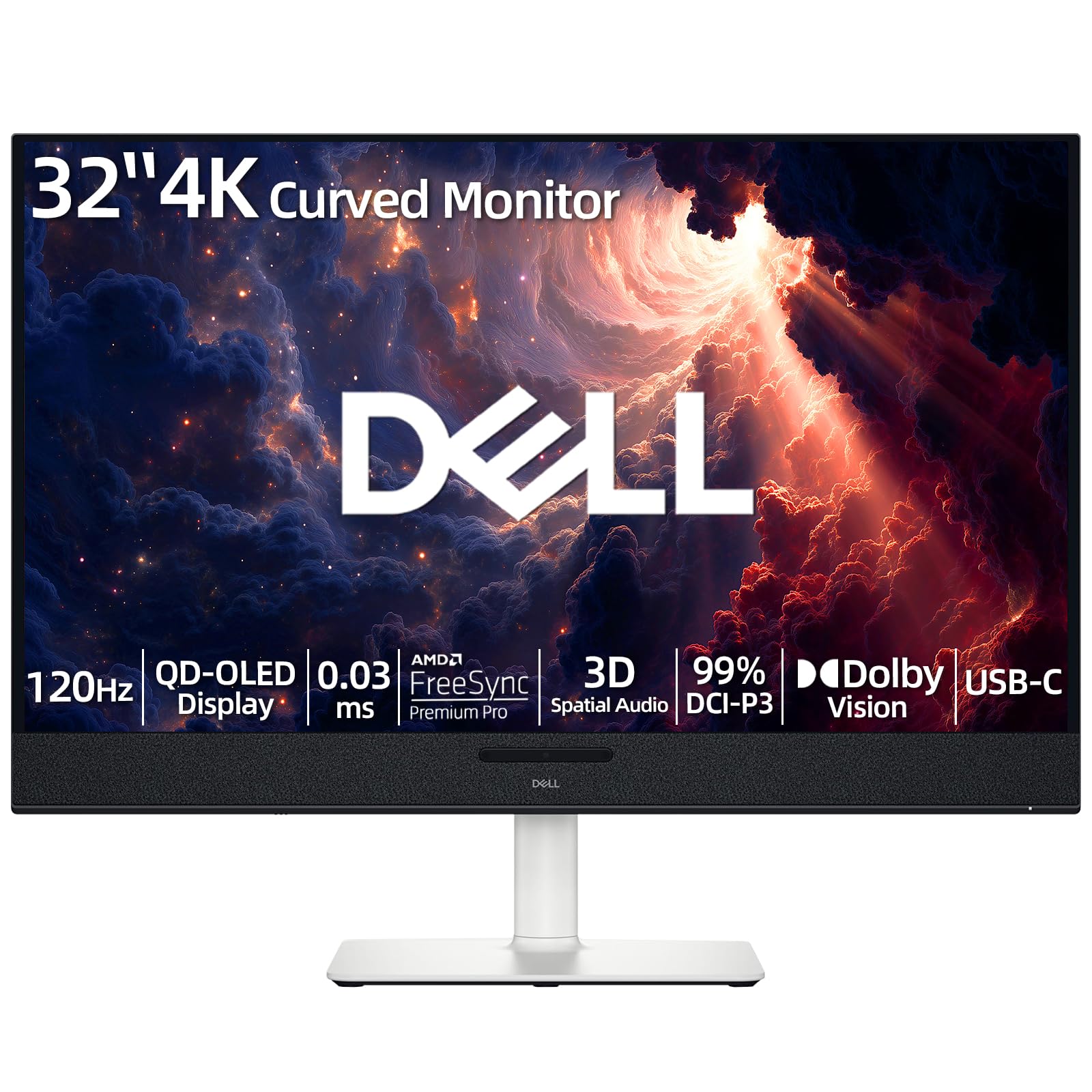 Dell Plus 32" 4K Curved Monitor, QD-OLED Display, 120Hz 0.03ms, AMD FreeSync Pro, AI-Enhanced 3D Spatial Audio, 99% DCI-P3, Dolby Vision, 5x2.5W Speakers, USB-C 90W PD, Compatible with PC & Console