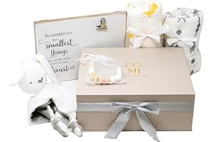 MJ Gifts Baby Gift Basket: Unique Baby Gifts Gender Neutral - Organic Blanket, Bunny Security Lovey with Bell, Elegant Photo Frame & Pacifier Clips - Ideal Baby Welcome Box (Yellow)