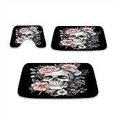 TheBlackSpot Floral Sugar Skull and Rose Bathroom Rugs Bath Mat Sets 3 Piece Imitation Cashmere Anti Slip Mats,U-Shaped Contour Shower Mat
