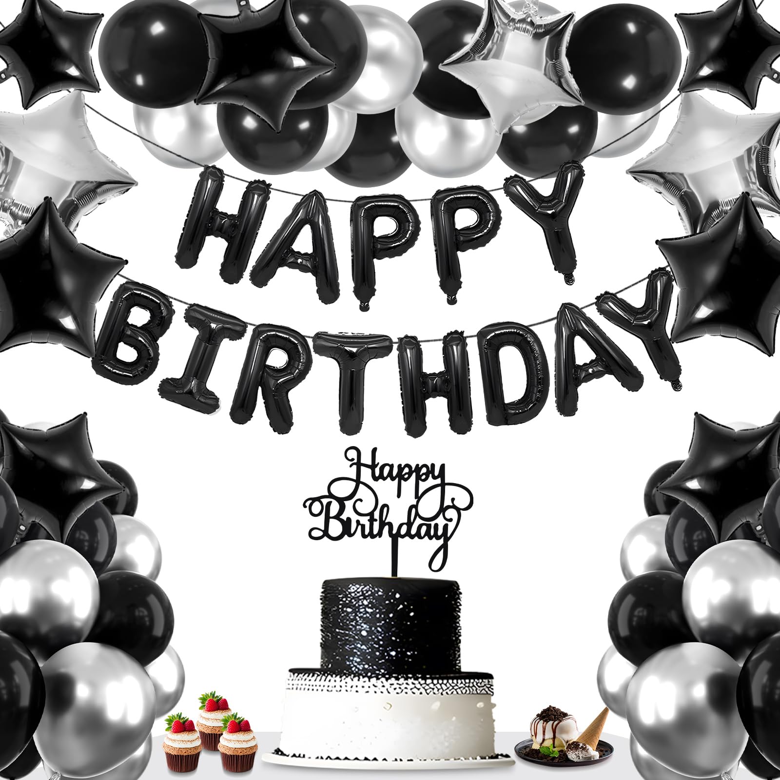 Photo 1 of 44Pcs Black and Silver Birthday Party Decorations for Men,Black and Silver Happy Birthday Banner Balloon Set