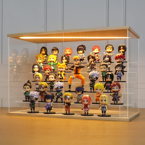 LANSCOERY LED LIGHTED ACRYLIC DISPLAY CASE, 6 TIER DISPLAY BOX FOR COLLECTIBLES AND ACTION FIGURES, CLEAR DUSTPROOF ORGANIZER WITH WOODEN BASE – 22.8X11.9X14.7INCH