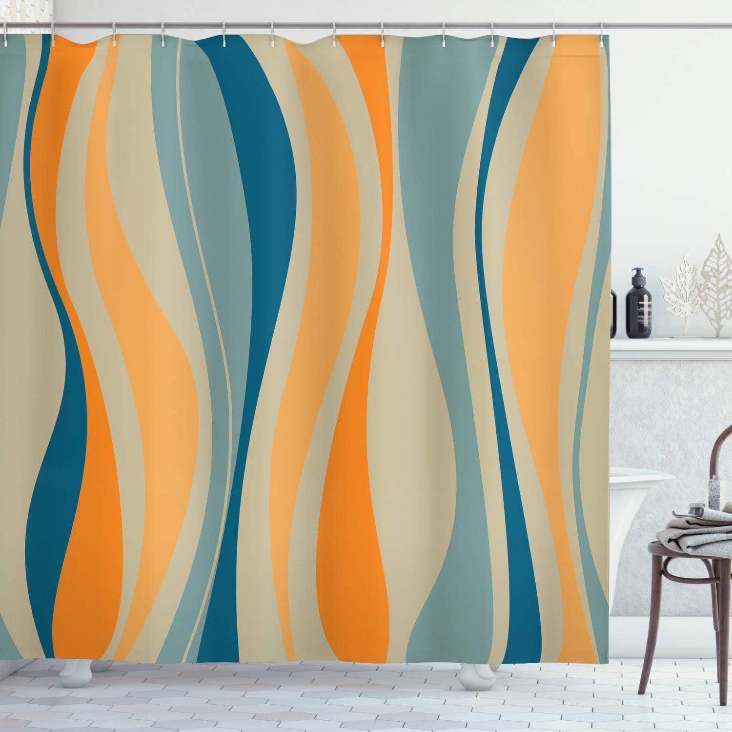 NCRJCZQL Vintage Shower Curtain, Retro Vibrant Stripes Funky Lines