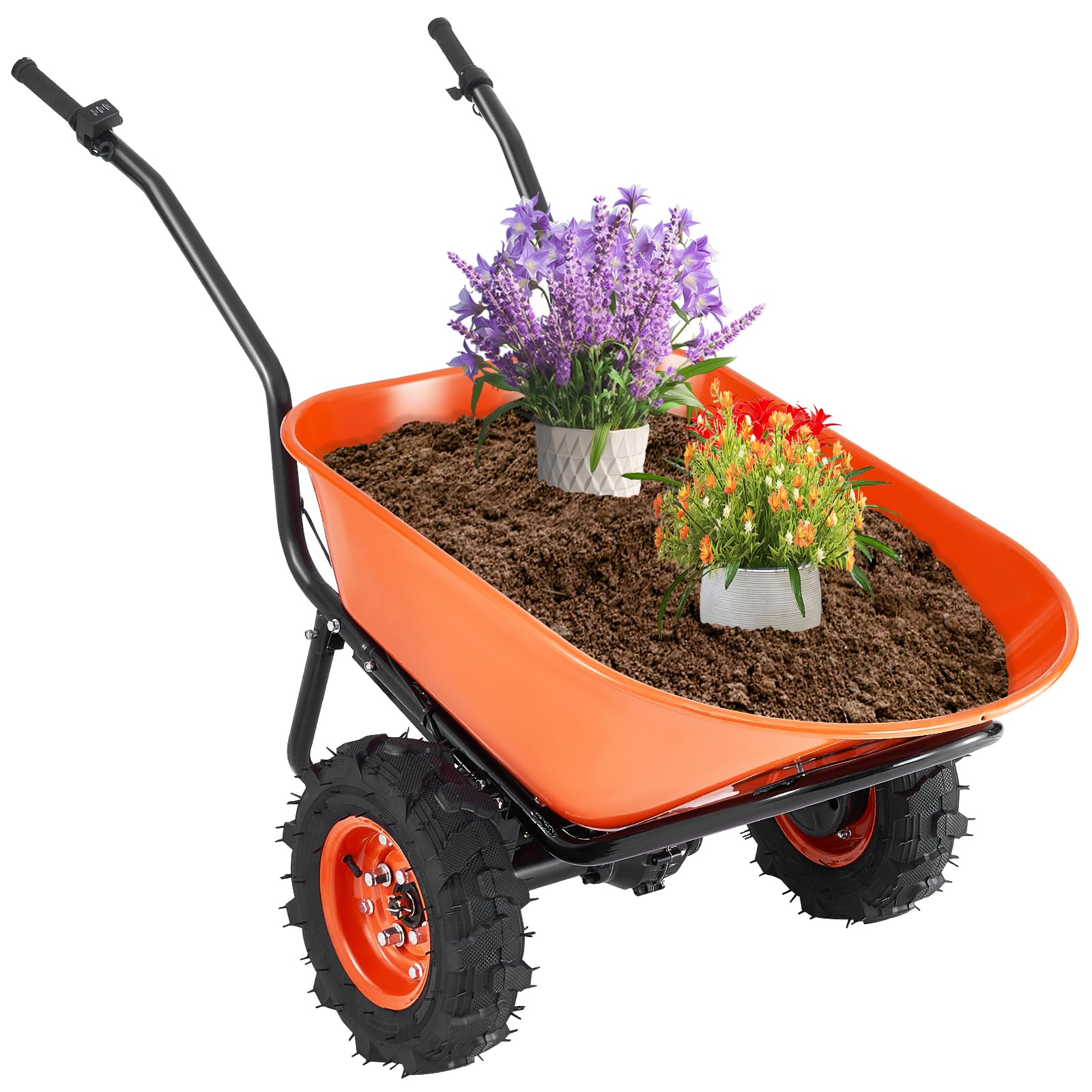 Photo 1 of VEVOR Electric Wheelbarrow Cart, 500W Powered Utility Garden Wagon Dump Cart, 4.5 Cu. Ft. Load & 573 lbs Capacity with Metal Handle & 16" Track Wheels, Two Wheel Barrow Yard Cart & Wagons for Lawn