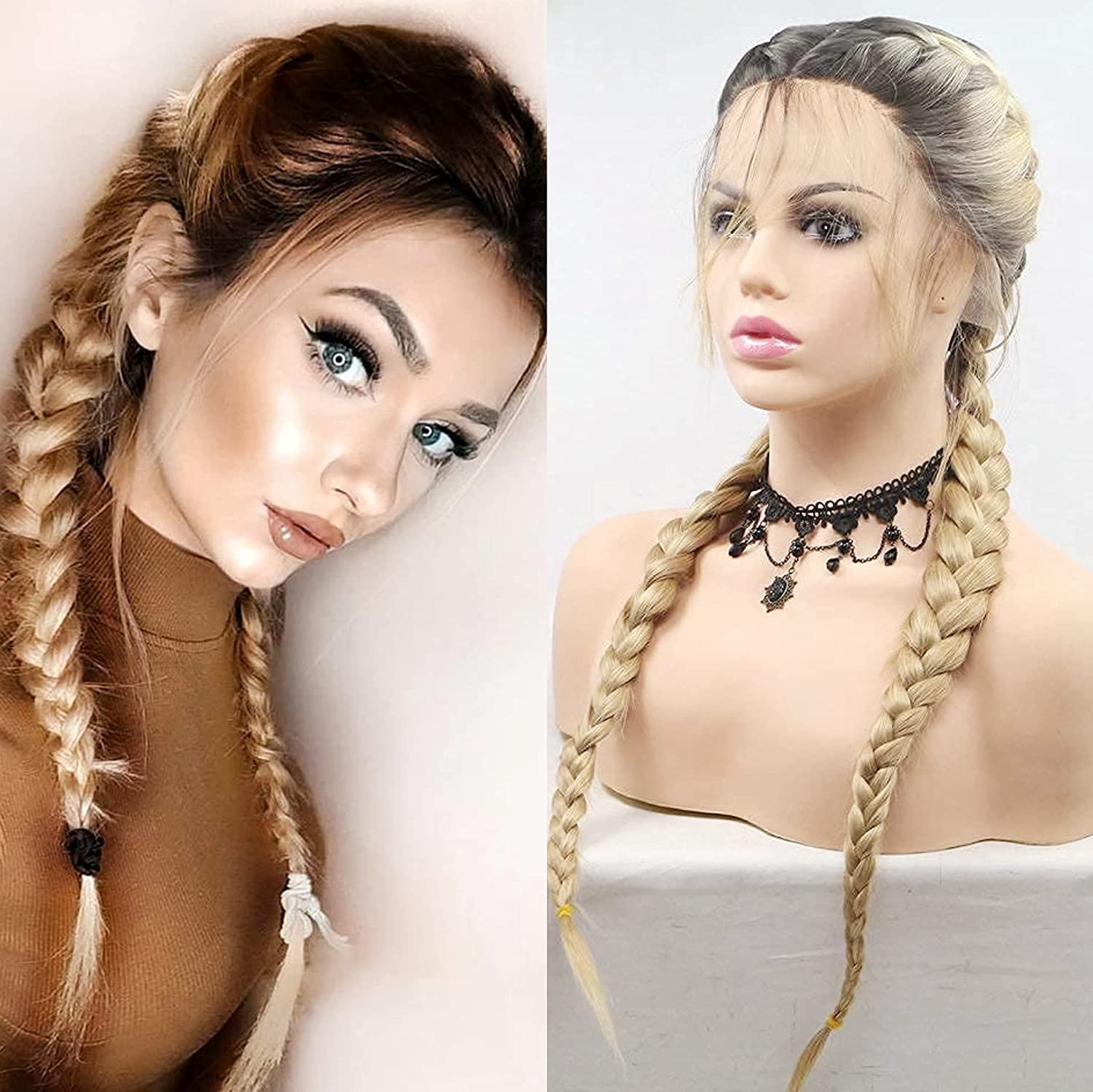Blonde Double Braided Wigs with Baby Hair Heat Resistant Synthetic Lace Front Wigs for Women Female Dark Roots Ombre Blonde Natural 2x Twist Braids Long Hair Glueless Synthetic Wig 24 Inch