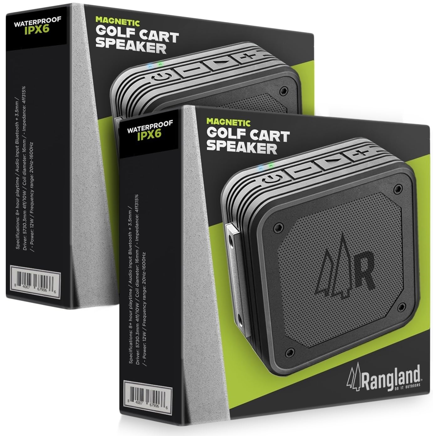 RANGLAND Magnetic Dual Pairing Stereo Bluetooth Speakers for Golf Carts (2 Pack) Waterproof IPX6, Wireless Surround Sound with Built-in Magnet Bar Mount - Portable for Travel, Job Sites and Golfing