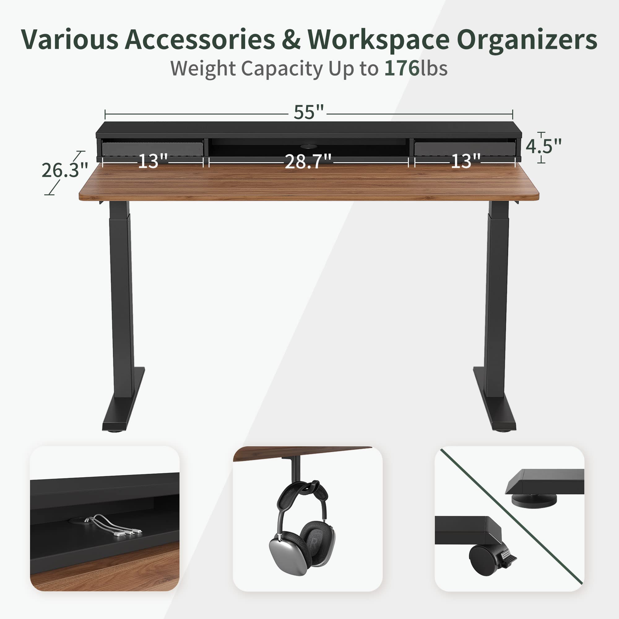 FEZIBO 55 x 24 Inch Height Adjustable Electric Standing Desk with Double Drawers, Stand Up Desk with LED Strips and Monitor Stand, Black Walnut
