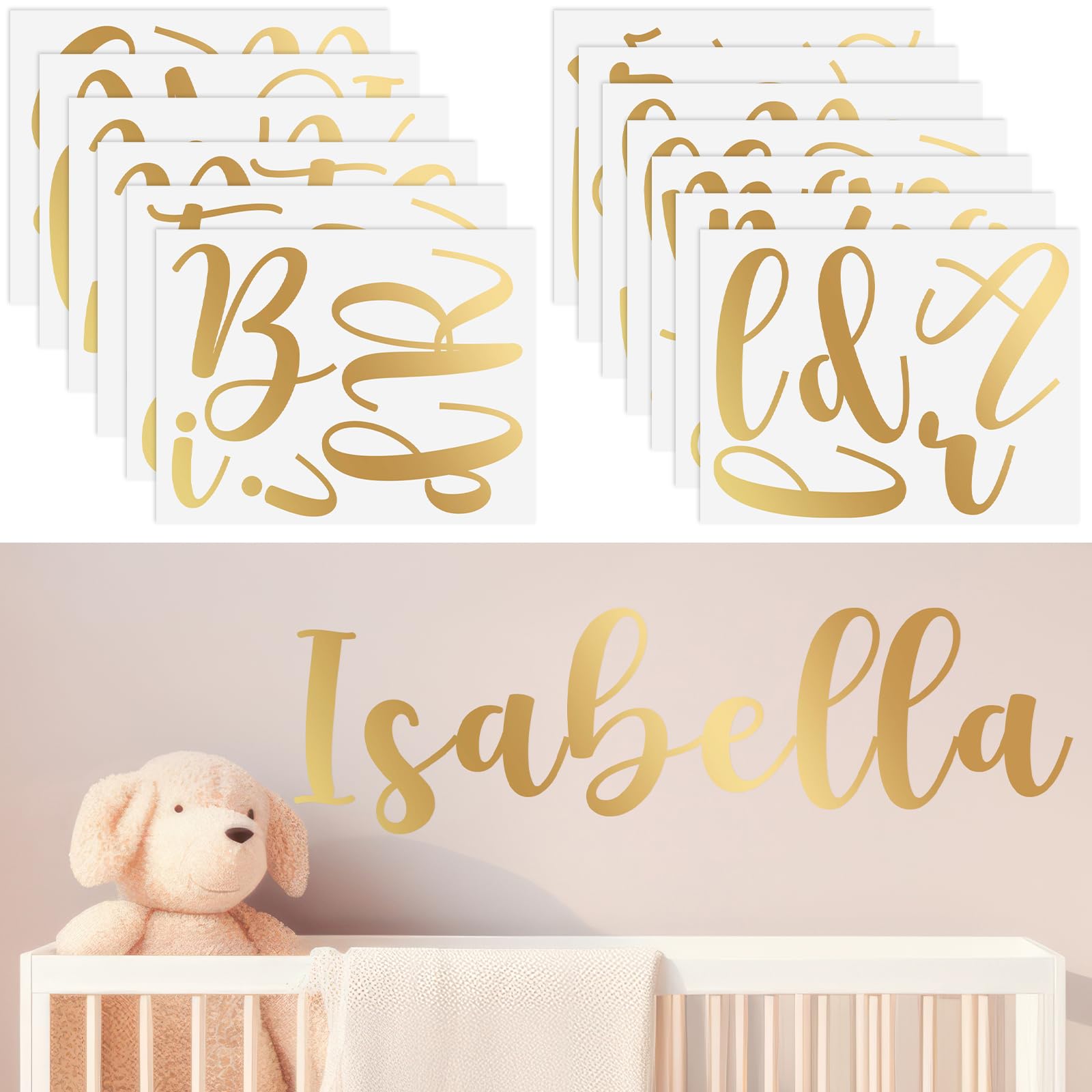 Photo 1 of **MISSING PIECES**Boao Personalized Name Wall Decal Large Letter Stickers Alphabet Custom Name Stickers Nursery Wall Decal for Bedside Bedroom Classroom Home DIY Crafts(Medium,Gold,Cursive)