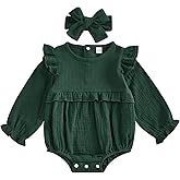 Mobbdow Newborn Infant Baby Girl Clothes Cotton Linen Long Sleeve Smocked Bubble Romper Ruffle Bodysuit Jumpsuit Fall Outfit