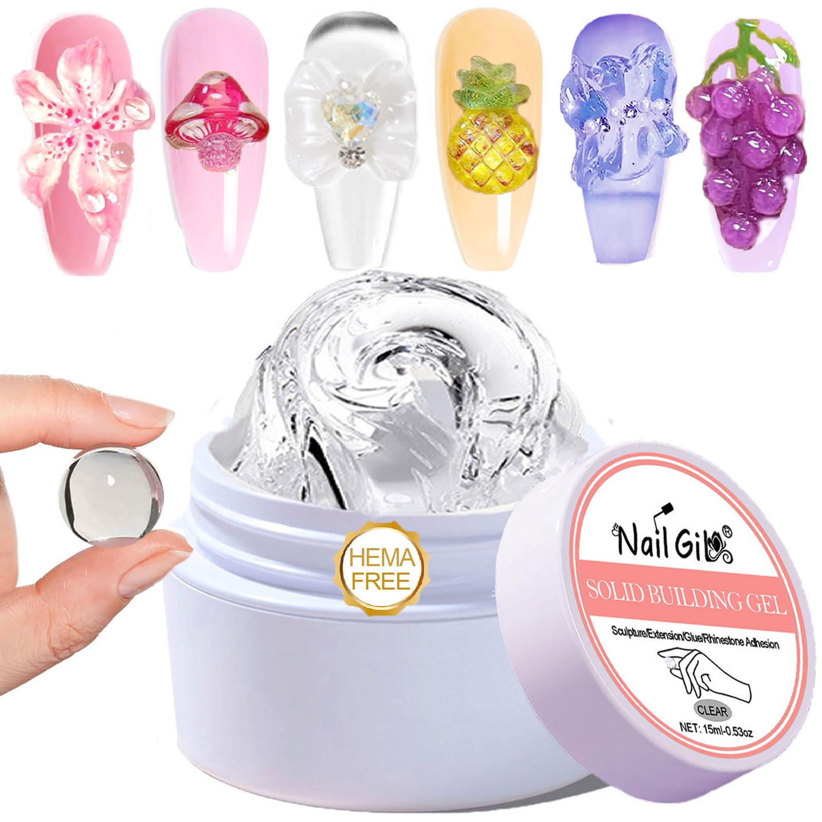 NAILGIL Solid Builder Gel For Nails Hema Free, 3D Sculpture Non-Sticky Hand Extension Gel Nail Art Sock Off UV LED Salon DIY at Home-15g/0.53oz,Clear