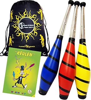 Beach Jonglierkeulen 3er-Set / Jonglier Keulen Training Set + Mr Babache Keulen-Booklet + Flames N Games Reisetasche! Große Keulenjonglage Set für Kinder & Erwachsene! (Rot/Blau/Gelb)