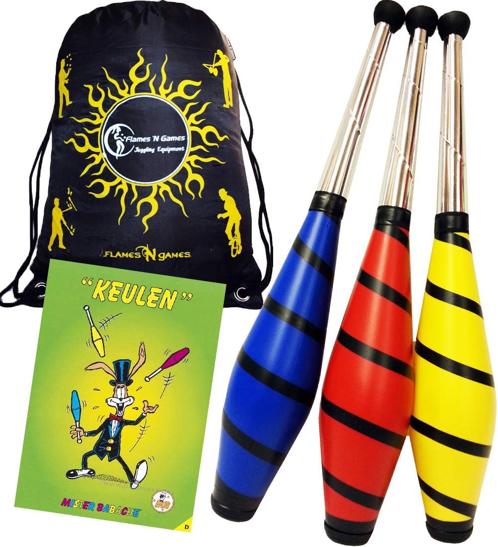 Beach Jonglierkeulen 3er-Set / Jonglier Keulen Training Set + Mr Babache Keulen-Booklet + Flames N Games Reisetasche! Große Keulenjonglage Set für Kinder & Erwachsene! (Rot/Blau/Gelb)