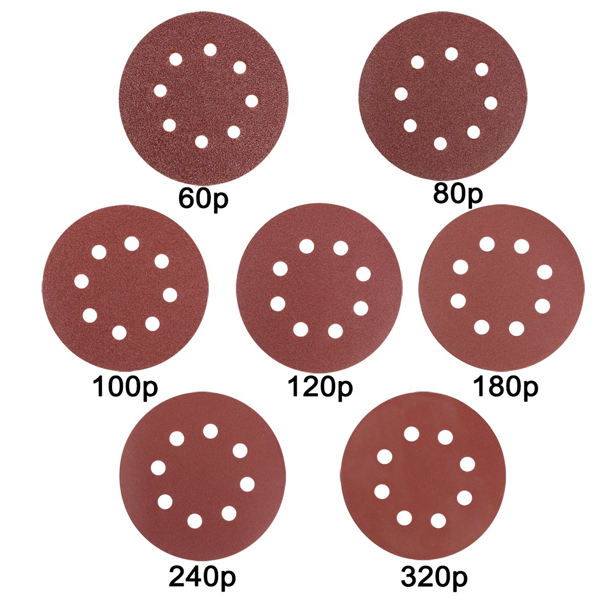 Naisidier 70Pcs 8 Holes Sanding Discs 5inch Hook and Loop Sandpaper Sanding Sheets Assorted 60/80/100/120/180/240/320 Grit for Random Orbital Sander