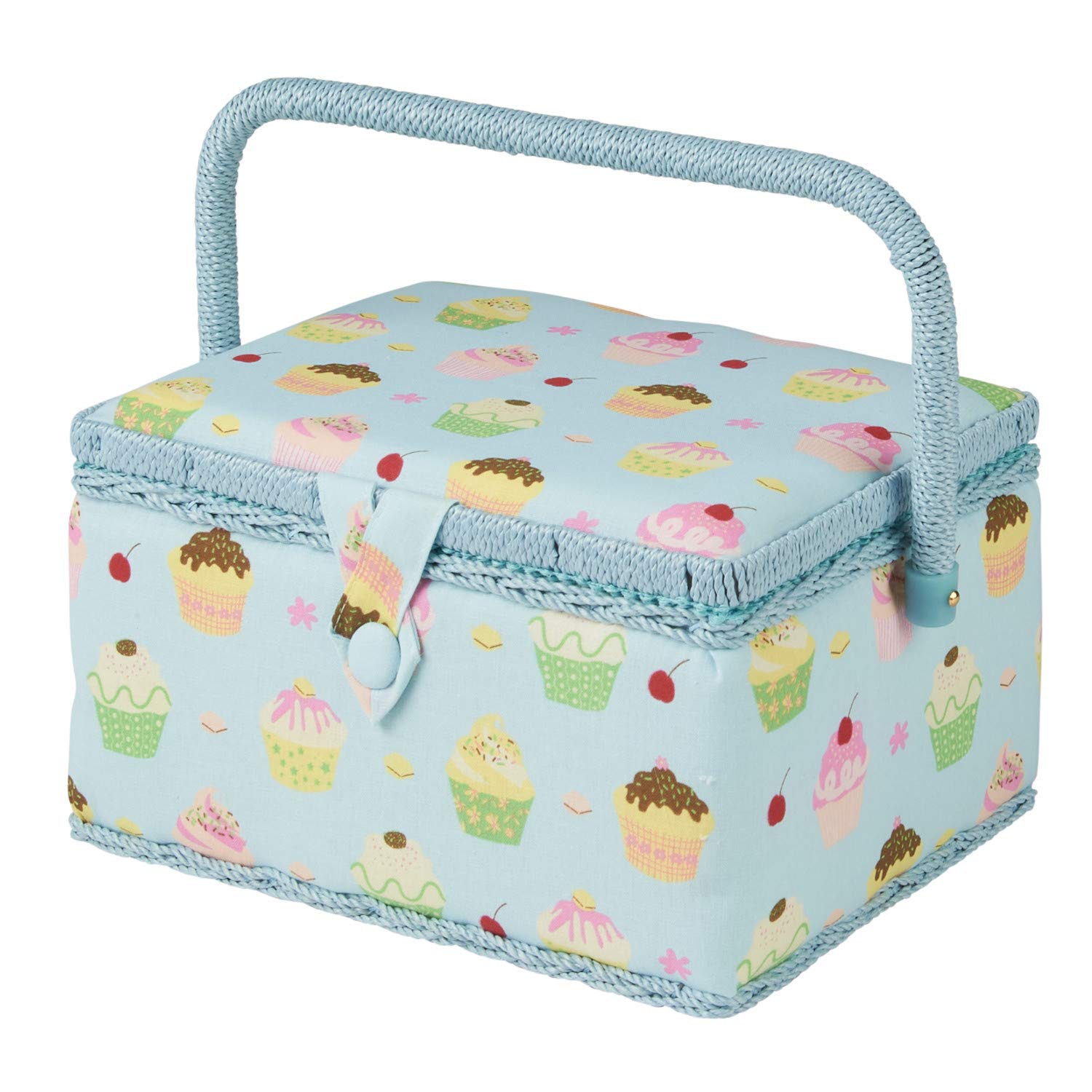 Medium Cupcake Sewing Box, Blue Cupcake Pattern Fabric, 18.5 x 26 x 15cm