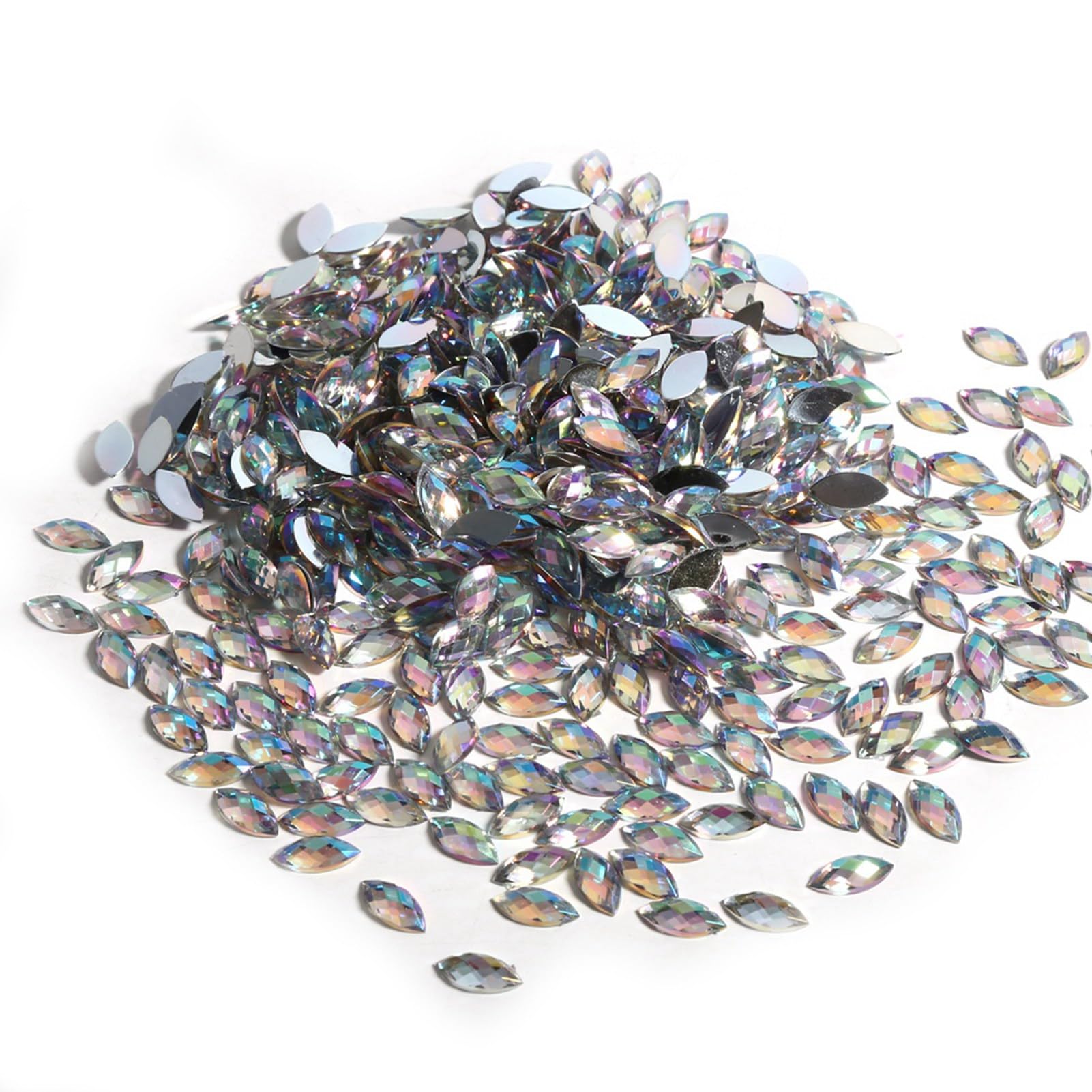 500 Flat Back Rhinestones, 7 x 15 mm, Crystal AB Rhinestone Water Droplets, Acrylic Crystal Special Effects, 5 Colours Optional (Silver)
