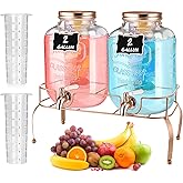 Lallisa 2 Pcs 2 Gallon Glass Drink Dispenser with Stand Ice Cylinder Hanging Chalkboard Signs 18/8 Stainless Steel Spigot Beverage Dispensers for Parties Mason Jar Drink Lemonade (Rose Gold)