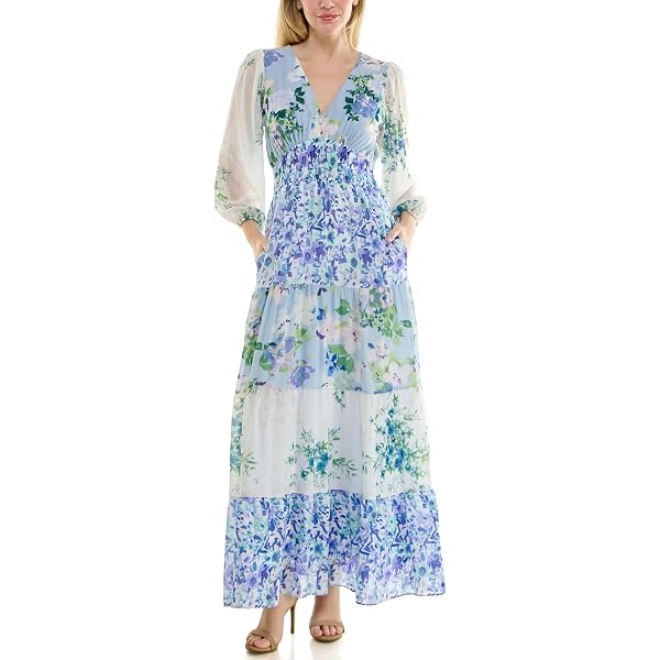 Maison Tara Women's Printed Long Sleeve Maxi Dress, BluePink, 4 at Amazon  Women's Clothing store