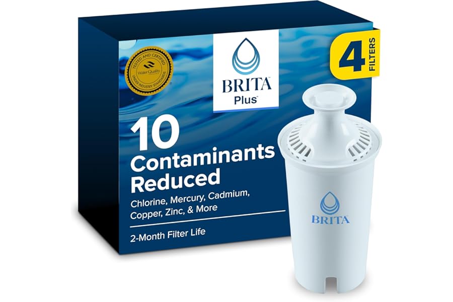 Brita Plus Water Filter, BPA-Free, High-Density Replacement Filter for Pitchers and Dispensers, Reduces 2x Contaminants*, Lasts Two Months or 40 Gallons, Includes 4 Filters