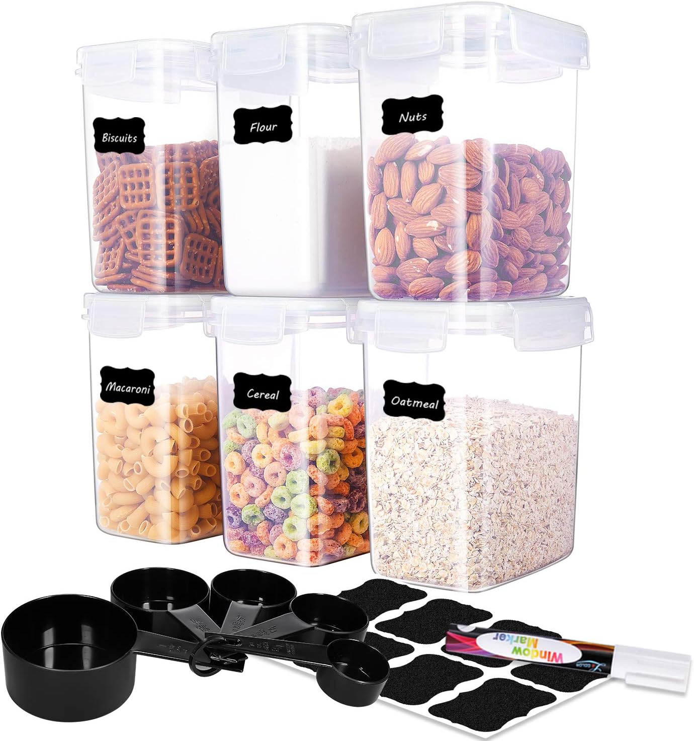ME.FAN Medium Food Storage Containers [Set of 6] Airtight Storage Keeper 1.6L(54.1oz) with 5 Set Measuring Cups 24 Chalkboard labels & Pen Ideal for Sugar, Flour, Baking Supplies (White)