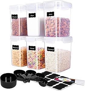 ME.FAN Medium Food Storage Containers [Set of 6] Airtight Storage Keeper 1.6L(54.1oz) with 5 Set Measuring Cups 24 Chalkboard labels & Pen Ideal for Sugar, Flour, Baking Supplies (White)
