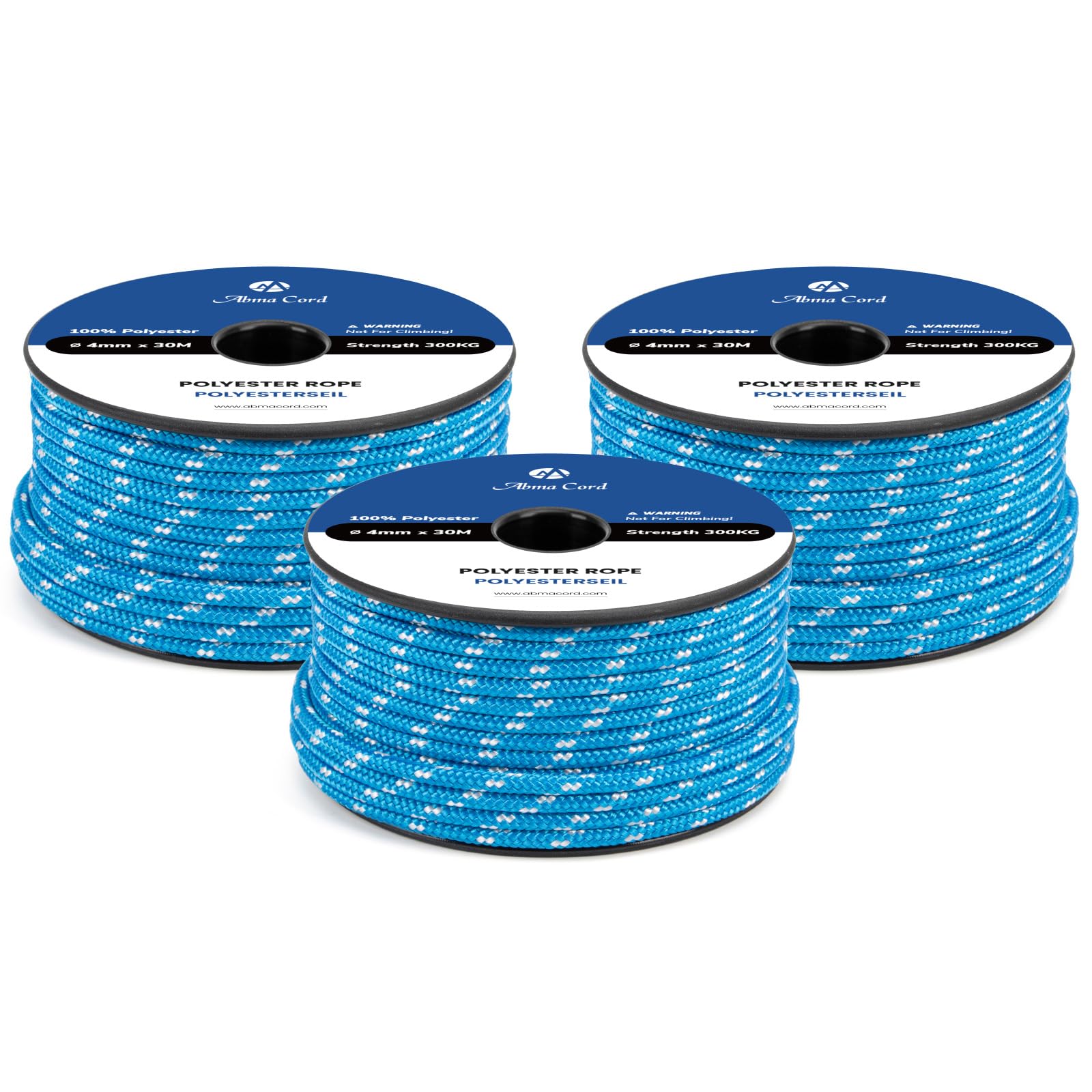Abma Cord Polyester Cord 4mm x 30m Braid Polyester Rope, Blue/White - Heavy Duty & Low Stretch - High UV & Abrasion Resistance