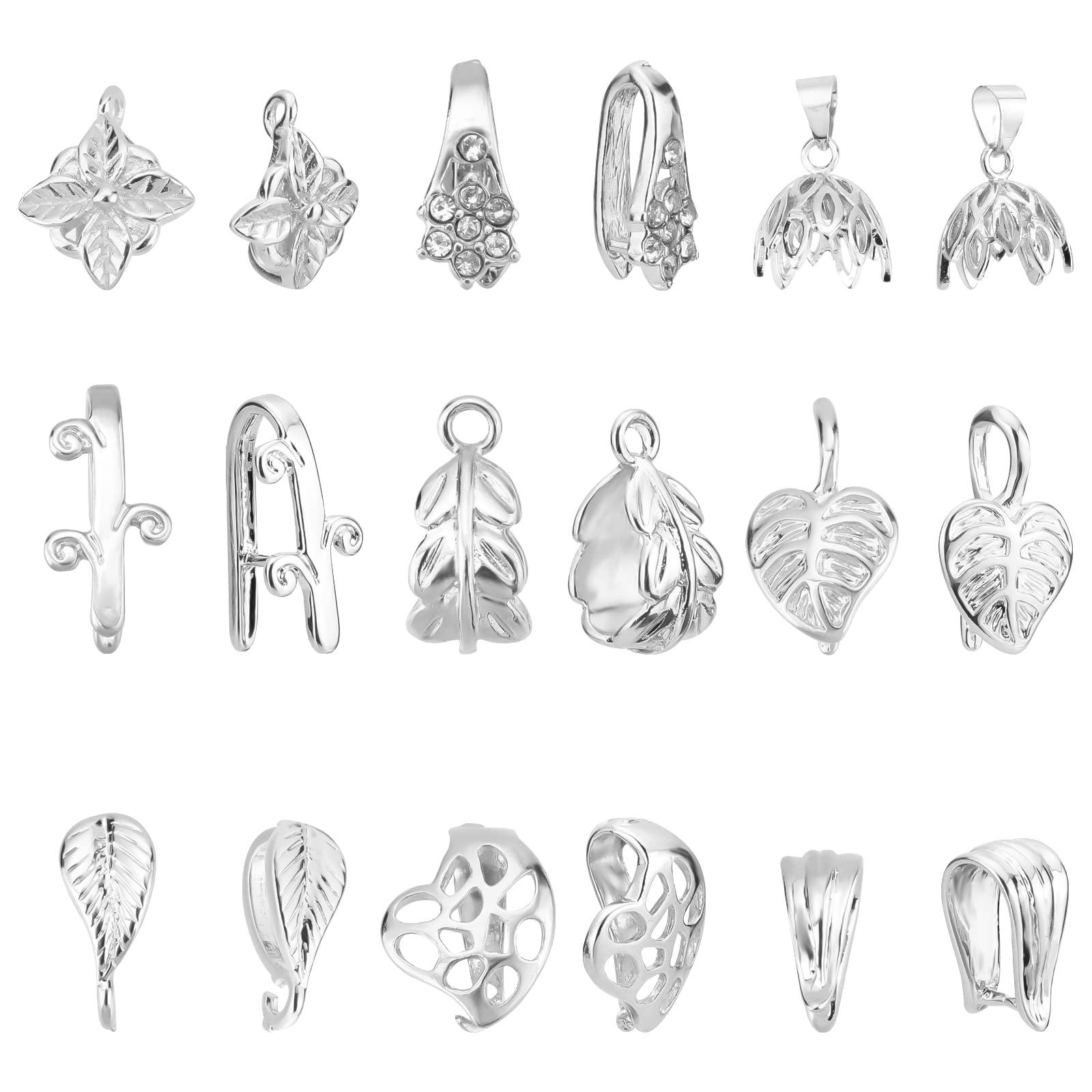 PH PandaHall 36pcs Snap On Bails, 9 Styles Brass Pinch Clip Bail Clasp Dangle Charm Beads Pendant Connector Metal Jewelry Clasps for DIY Necklace Bracelet Jewelry DIY Craft Making, Platinum