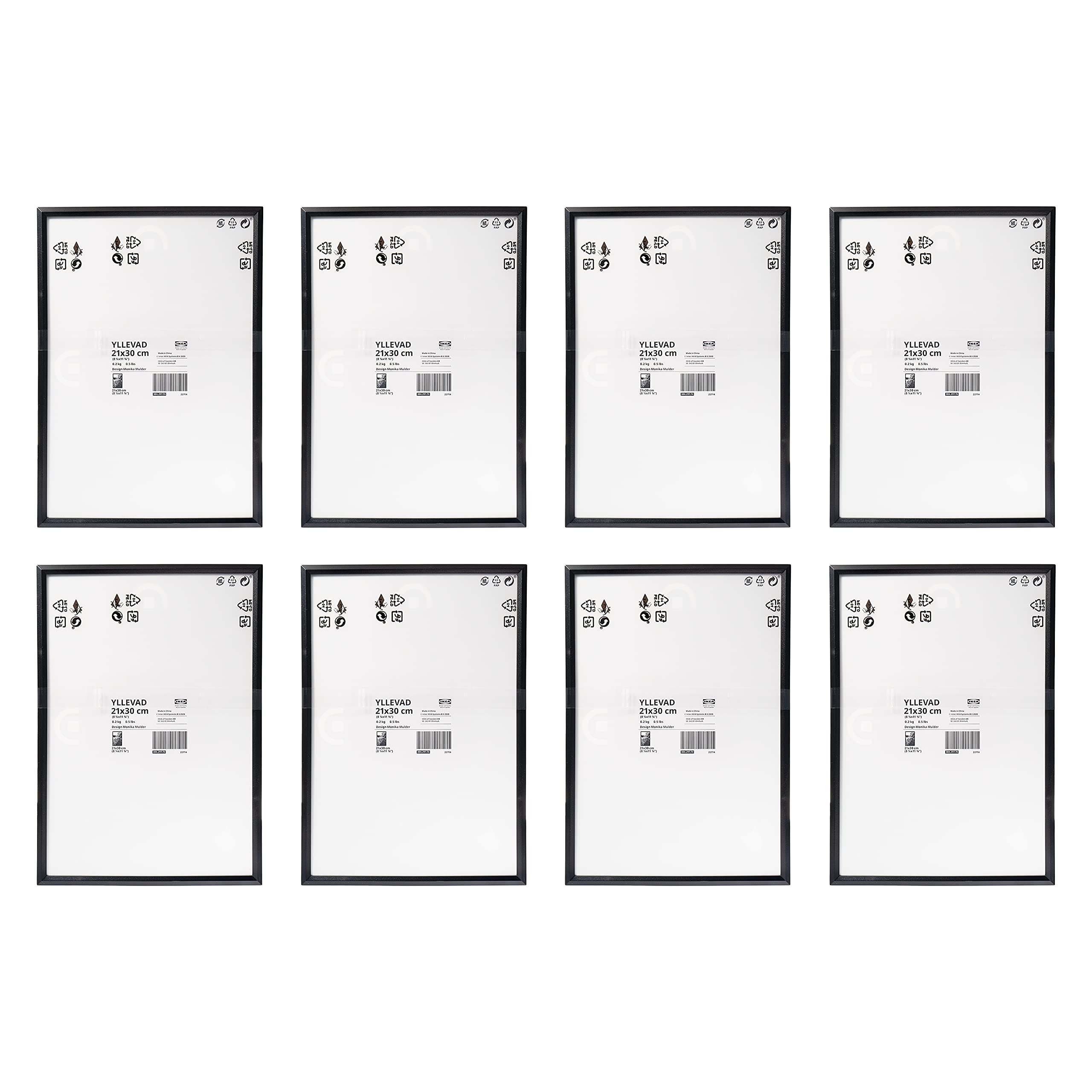 IKEA YLLEVAD A4 21x30cm Lightweight Photo Frames, Plastic & Paperboard, Black - Set of 8