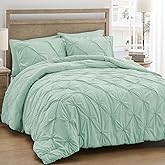UNIKOME Queen Comforter Set Sage Green - Ultra Soft Boho Pintuck Down Alternative Bedding Set for All Seasons, 3 Pieces Lightweight Warm Pinch Pleat Bed Set with Comforter, 2 Pillowcases