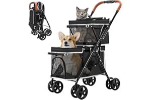 LPOTIUS Double Pet Stroller for Dogs and Cats, One-Hand Folding Dog Stroller Travel Carriage for Small Medium Dogs Cats, 4 Wheels, Black