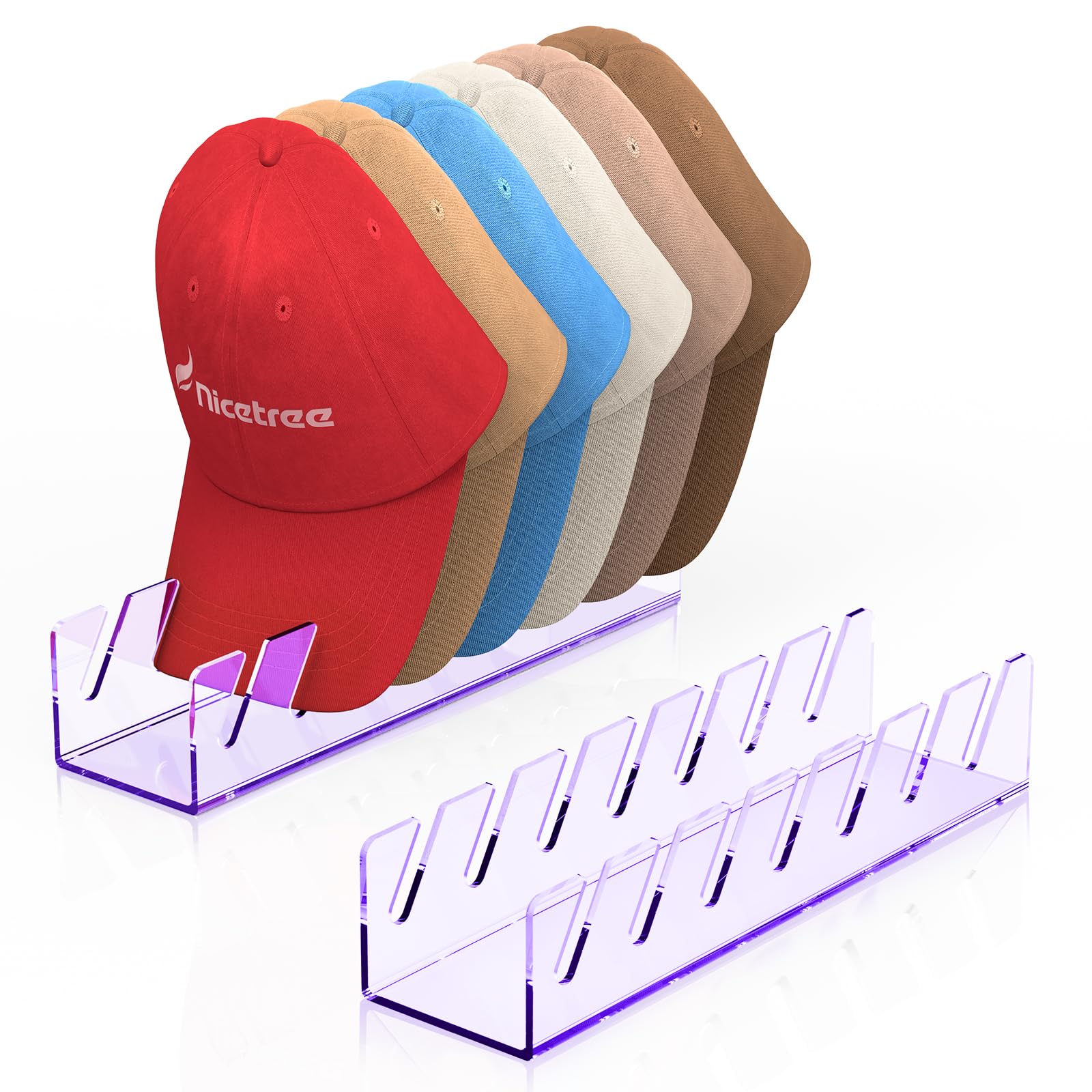 Nicetree Hat Organizer, 2 Pcs No Install Acrylic Hat Racks for 14 Baseball Caps Storage, Hat Stand for Baseball Caps Display and Organizer for Dresser, Bedroom, Closet, Office