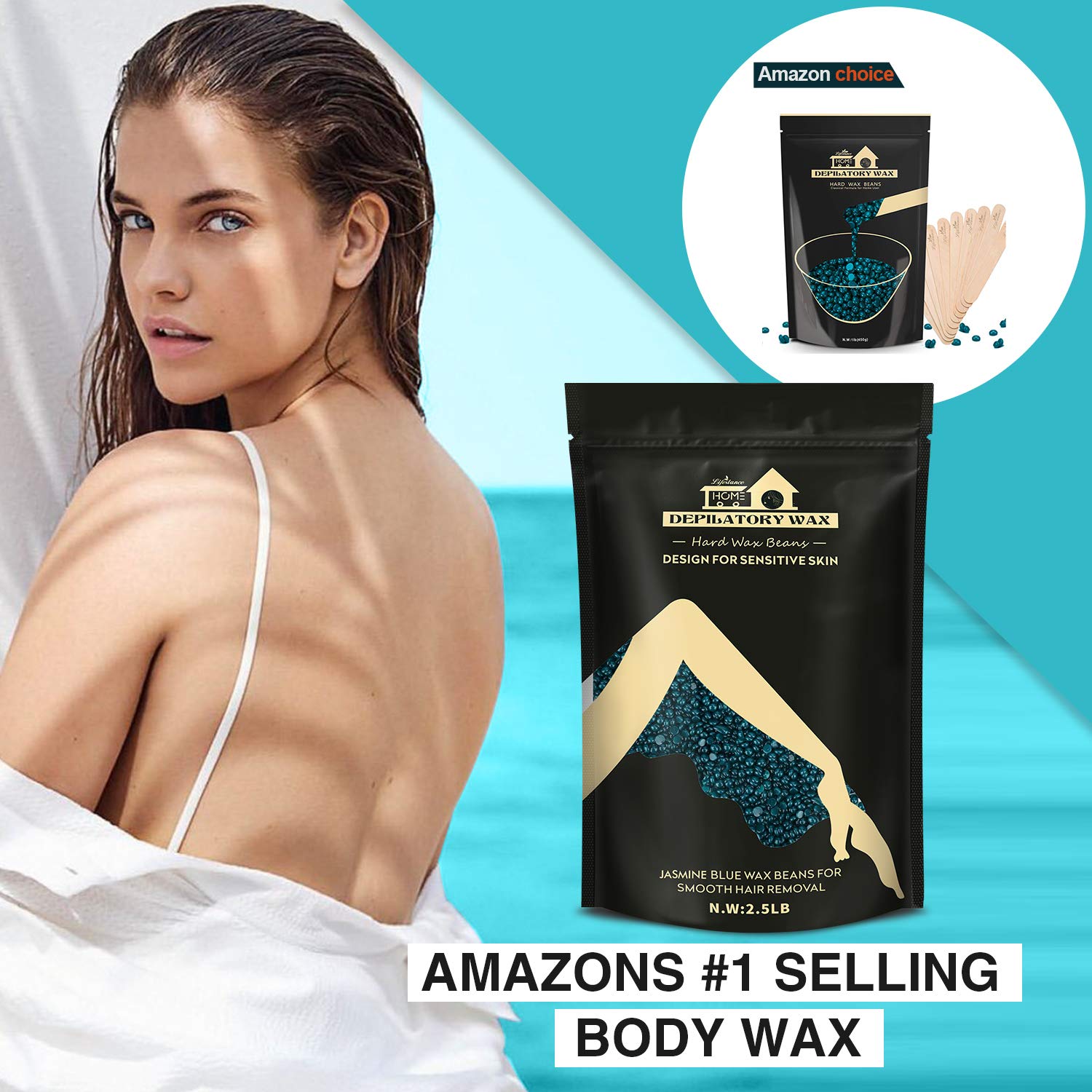 2.5lb Lifestance Hard Blue Brazilian Bikini Wax Kit with 30 Applicators - Pearl Wax Beads for Face, Body, Legs - For Women and Men