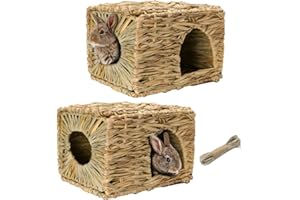 2PCS Grass House for Rabbit, Natural Hand Woven Seagrass Play Hay Bed Foldable Woven Hideaway Hut Toy for Bunny Hamster Guine
