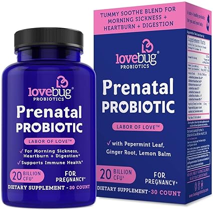Amazon Com Lovebug Probiotics Prenatal Probiotic 20 Billion Cfu 7 Strains With Peppermint Leaf Ginger Root Lemon Balm 30 Capsules Vegan Non Gmo Health Personal Care